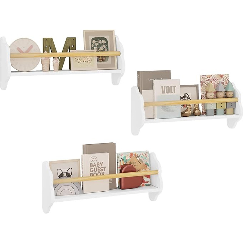 WOLTU Laste seinaraamatute riiul, komplekt 3, seinariiul, lastetoas raamatute hoidmiseks, valmistatud männipuidust MDF, lastetuppa, mängutuppa, valge