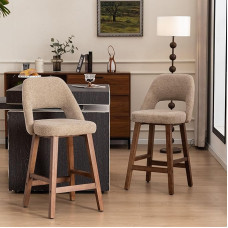 YOUNIKE Baaritoolid 2 Boucle kangast, 67 cm istmekõrgusega baaritoolid õõnes seljatoega, pehmendusega köögitoolid täispuidust jalgadega, rustikaalsed counter-toolid kööki / kodubaar / söögituba, khaki värvi.