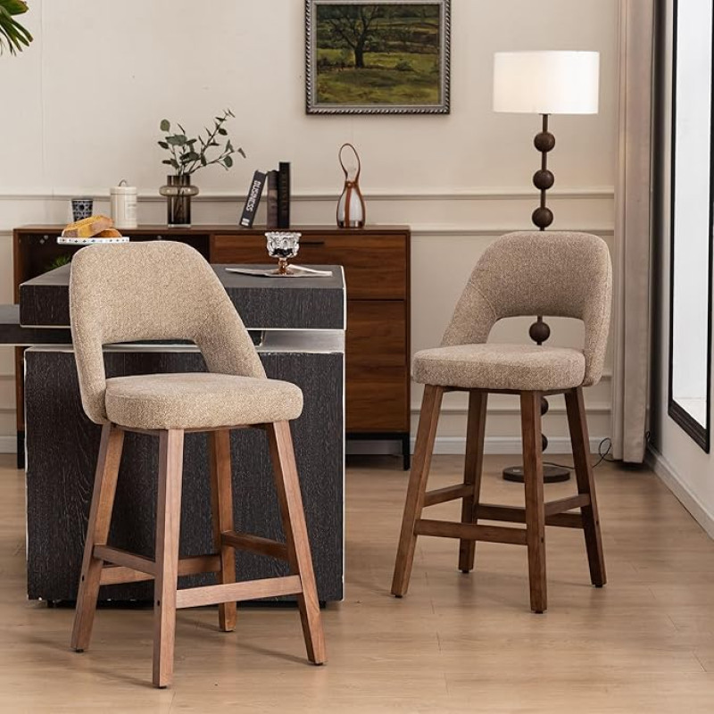 YOUNIKE Baaritoolid 2 Boucle kangast, 67 cm istmekõrgusega baaritoolid õõnes seljatoega, pehmendusega köögitoolid täispuidust jalgadega, rustikaalsed counter-toolid kööki / kodubaar / söögituba, khaki värvi.