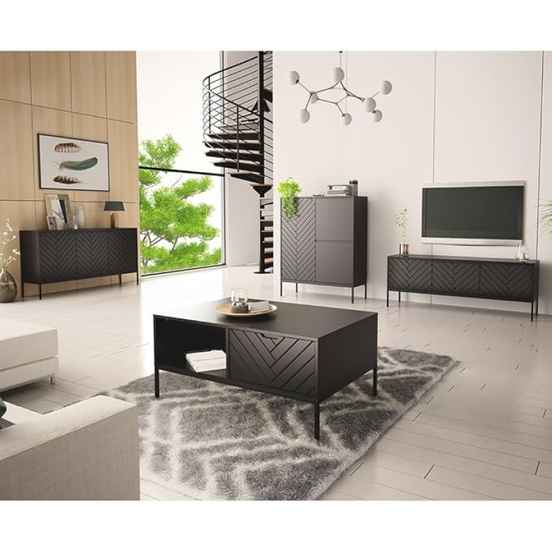 Lomadox elutoakomplekt 4-osaline elutoakapp Elutoamööbel Elutoakapid Modern mustas mati värvuses ja freesitud frondiga elutoakapid