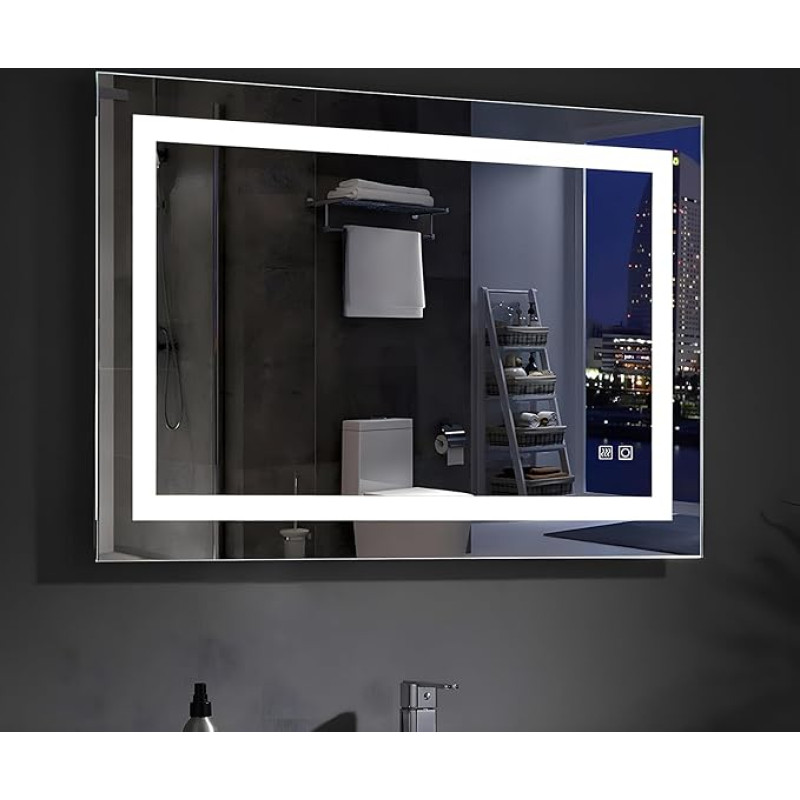 MEESALISA Lisa LED Vannitoa peegel 80 x 60 cm koos valgustusega Ristkülikukujuline vannitoa seinapeegel Hämarusvastane valgusepeegel Pistikupesa Touch Soe valge/jahvatu valge 600 x 800 cm