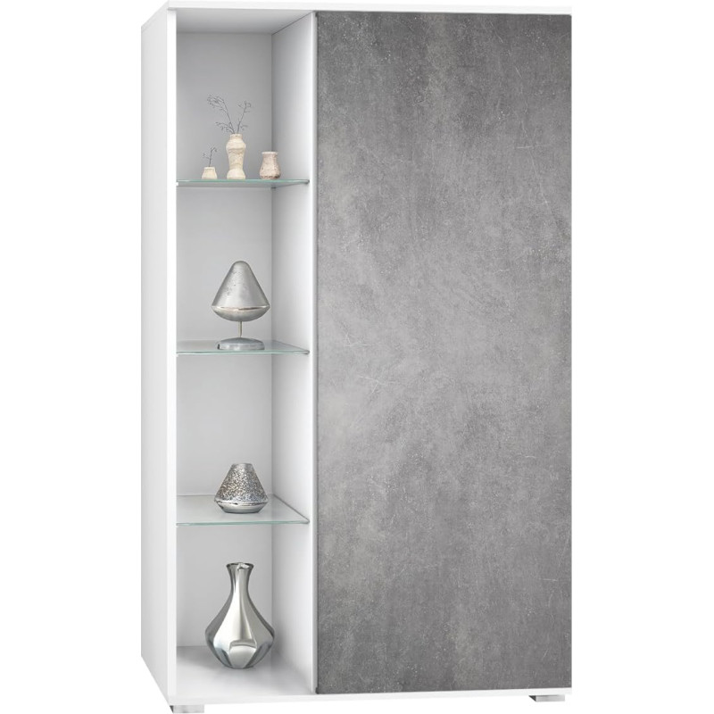 Vladon Davos vitriinkapp Made in Germany, 3 klaasriiuli ja 8 kambriga seisev vitriinkapp, matt valge / kivihall (71,5 x 134 x 35 cm)