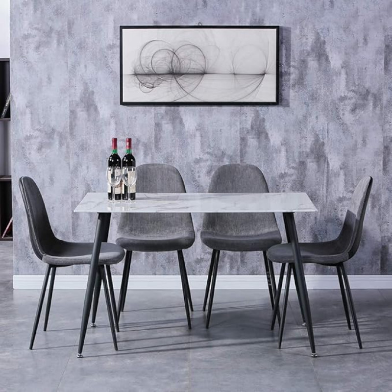 GOLDFAN söögilaud 4 tooliga, ristkülikukujuline klaasist söögilaud, kaasaegne köögilaudade komplekt, riidest söögitool, köögitool, hall