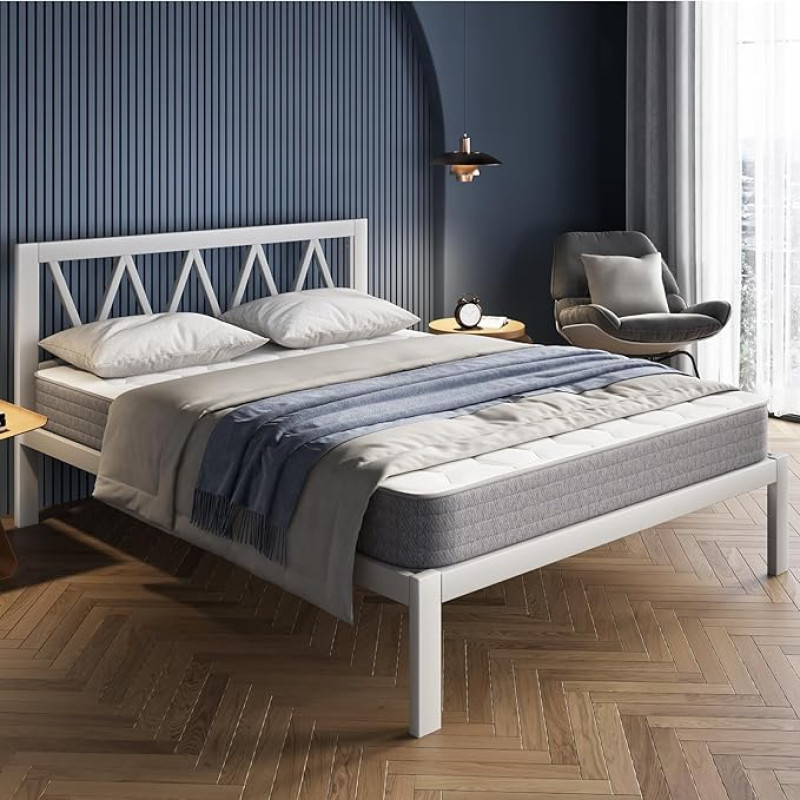 Avenco Bettgestell Metallbett 90 x 190 cm Bettgestelle Bett mit Metall Lattenrost 133cm Leichte Montage Stauraum unter dem Bett Weiß