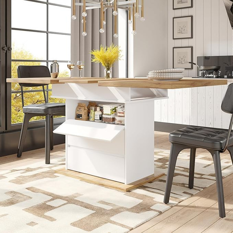 Söögilaud, teleskooplaud, kokkupandav köögilaud 4-6 inimesele, pikendatav söögilaud, ruumi säästja, kööki ja elutuppa, kolm riiulit, 110-140 x 80 cm (valge)