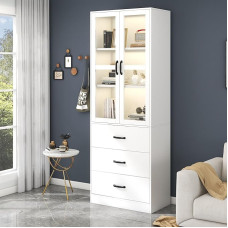 Wumagin valge vitriinkapp 200 cm kõrge, seisev vitriinkapp 3 sahtli ja 2 liikuva vaheseinaga, 2 klaasuksega, 16 värvi LED valgustatud buffetkapp elutuppa