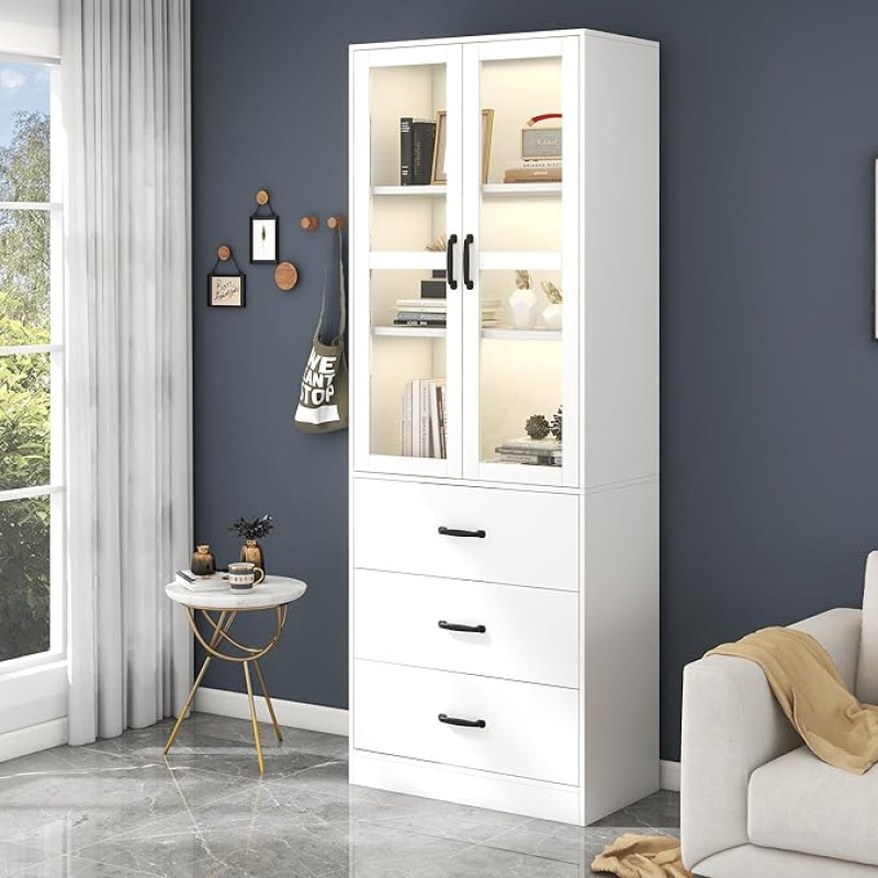 Wumagin valge vitriinkapp 200 cm kõrge, seisev vitriinkapp 3 sahtli ja 2 liikuva vaheseinaga, 2 klaasuksega, 16 värvi LED valgustatud buffetkapp elutuppa