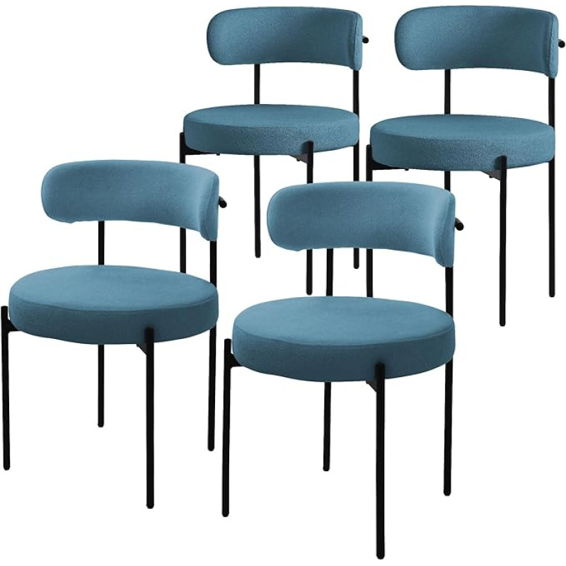 ML-Design Söögitoatoolid, 4 tooli komplekt, Teddy kangast köögitoolid, sinine, seljatoega elutoatoolid, musta metallist jalaga polsterdatud toolid, ergonoomiline lamamistool, toolid söögitoolideks