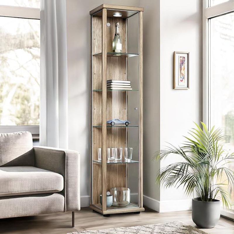K-Möbel Standing Glass Display Cabinet (176 x 37 x 33 cm) - Made in Germany - Sonoma Oak Display Cabinet koos 4 reguleeritava kõrgusega klaasriiuliga ja LED - Klaasikapp - Vitriinkapp