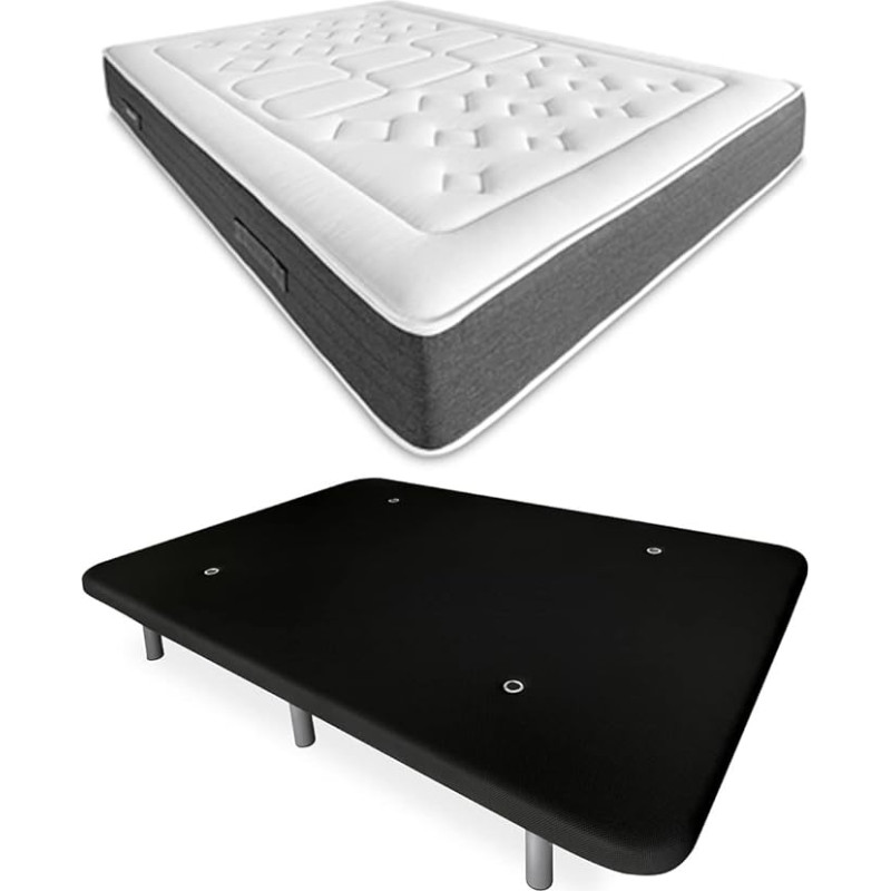 DUÉRMETE ONLINE Bio Nature Täisvoodi mäluvahtmadratsiga + must tugevdatud polsterdatud alus 6 metallist jalaga 135 x 190 cm