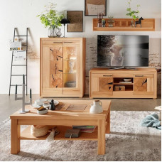 Kodumööbli komplekt seinamööbli tahke südamepuu pööki õlitatud paigaldatud 4-osaline kaasaegne Highboard seinariiul Lowboard kohvilaud koos valgustusega