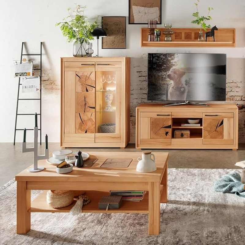 Kodumööbli komplekt seinamööbli tahke südamepuu pööki õlitatud paigaldatud 4-osaline kaasaegne Highboard seinariiul Lowboard kohvilaud koos valgustusega