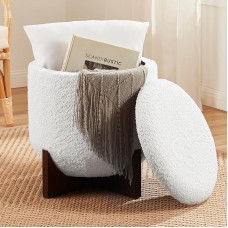Ornavo Home Decor Ümmargune Ottomani hoiuga, Boucle White Teddy, ümmargune tualett, tugitooli, Ottomani, Pouf koos hoiuruumiga elutuppa ja magamistuppa