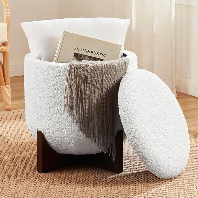 Ornavo Home Decor Ümmargune Ottomani hoiuga, Boucle White Teddy, ümmargune tualett, tugitooli, Ottomani, Pouf koos hoiuruumiga elutuppa ja magamistuppa