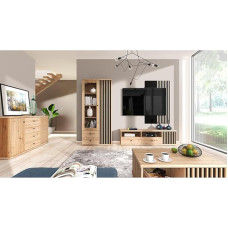 Elutoa mööblikomplekt 5-osaline, sh küljepaneel, vitriin, madallaud, seinapaneel, kohvilaud, tammepuust mustaga