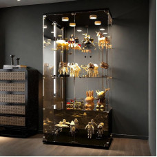 Klaasist vitriinkapp, klaasist vitriinkapp lukuga ja LED-valgustusega, kollektsiooni vitriinkapp 2 uksega, 4 kambrit elutuppa, magamistuppa, kontorisse, must (must)