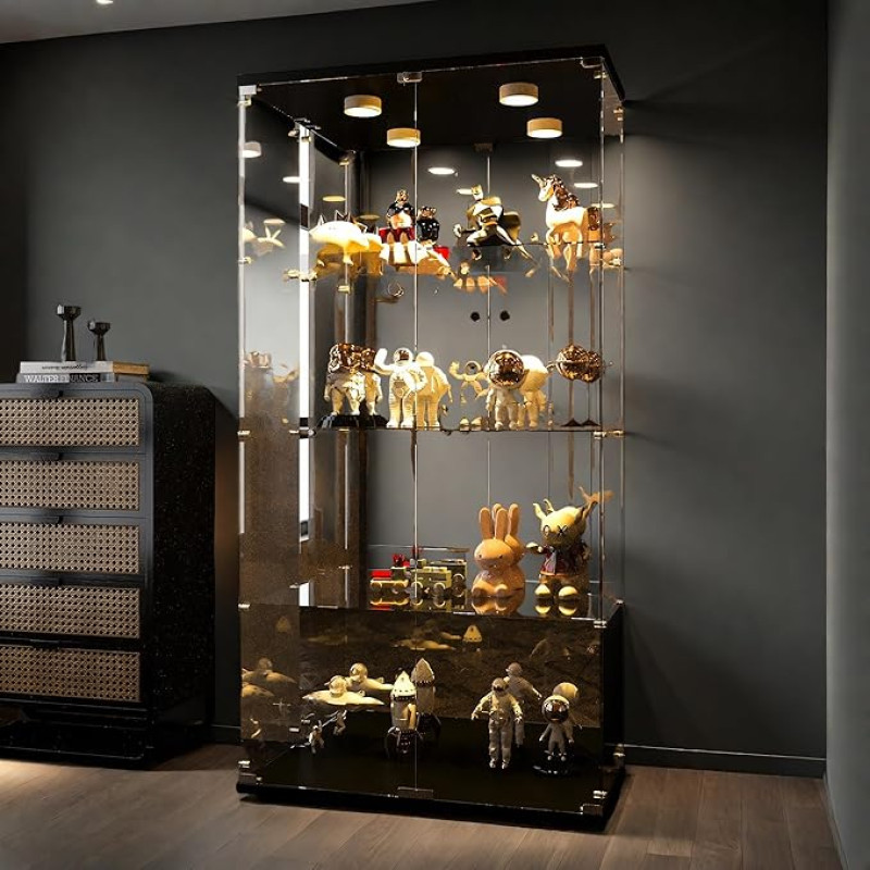 Klaasist vitriinkapp, klaasist vitriinkapp lukuga ja LED-valgustusega, kollektsiooni vitriinkapp 2 uksega, 4 kambrit elutuppa, magamistuppa, kontorisse, must (must)