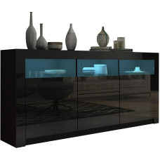 Ikewaier Modern Sideboard kapp kapp ees kõrgläikega 2 ust 3 sahtlit söögituba köök buffet köögikapp LED ribadega 160 cm (must)