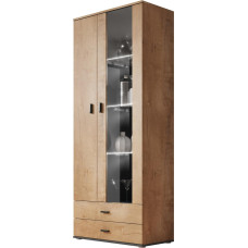 2D2S Soho S6 seisev vitriinkapp, klaasist vitriinkapp, värvivalik, vitriinkapp, kõrge kapp, hoiukapp, elutoa kõrgkapp (Lefkas Tamm / Lefkas Tamm + Must, ilma