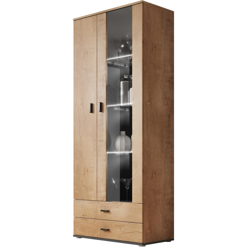 2D2S Soho S6 seisev vitriinkapp, klaasist vitriinkapp, värvivalik, vitriinkapp, kõrge kapp, hoiukapp, elutoa kõrgkapp (Lefkas Tamm / Lefkas Tamm + Must, ilma