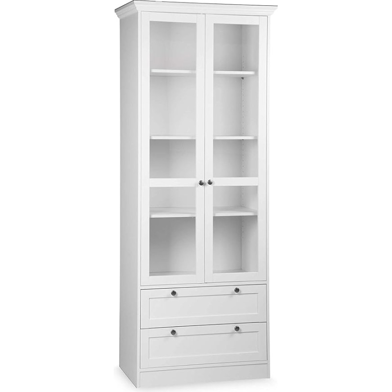 Avanti Trendstore - Lando vitriinkapp puidust dekoratsiooniga, valge värviga, 2 ust ja 2 sahtlit, ümarate profiiliribadega, metallist antikvariaatidega käepidemed, mõõtmed: Laius 80 x kõrgus