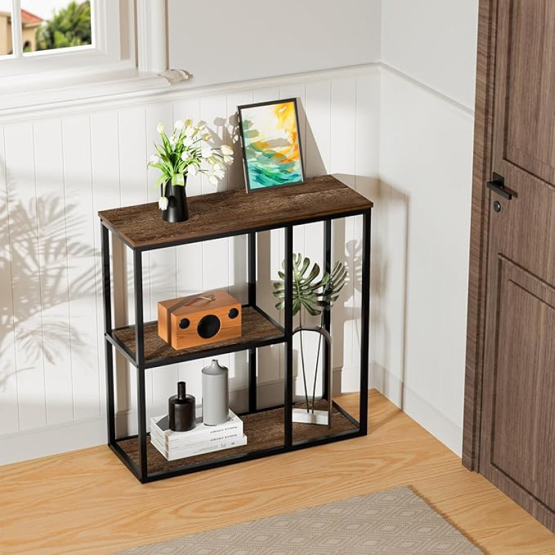 WOHOMO konsoollaud, väike sissepääsulaud riiulitega, 30 cm, kitsas diivanilaud, kaasaegne elutoa esiku laud, 80 x 30 x 80 cm, pähklipuust