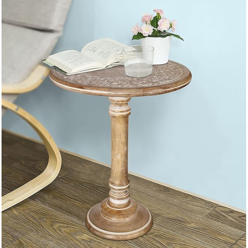 Lightnpro nikerdatud ümmargune küljelaud ühe sambaga - käsitsi valmistatud öökapp elutuppa, esikusse, vintage laud raamatutele, taimedele ja dekoratsioonile, 18 x 22 tolli, valge