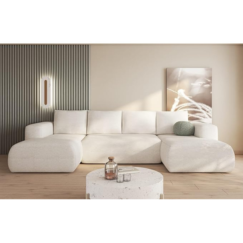 Lami Cream nurgadiivan U-kujuline 338 x 89 x 164 cm magamisfunktsiooniga ja panipaigaga - diivanvoodi voodikastiga - kaasaegne elutoa mööbel - kangas: Materjal: Boucle 08