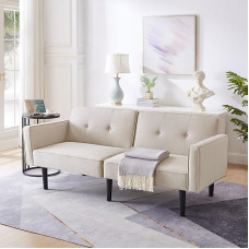 Merax 2 in 1 diivanvoodi, multifunktsionaalne kokkupandav diivan magamisfunktsiooniga, reguleeritavate seljatugedega, puuvillane linasest kangast, suure tihedusega vaht, 6 puidust jalga, beež