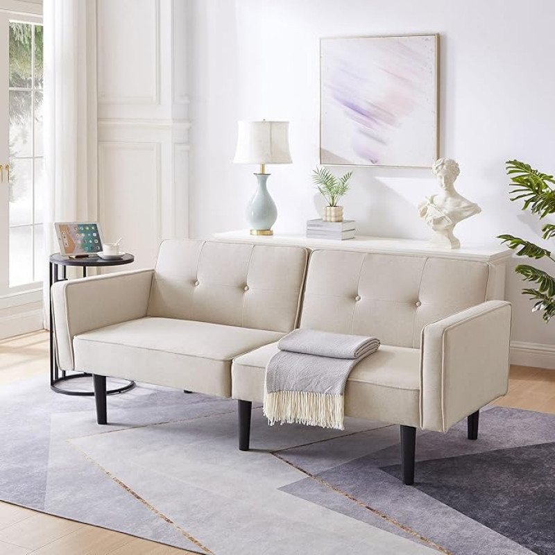 Merax 2 in 1 diivanvoodi, multifunktsionaalne kokkupandav diivan magamisfunktsiooniga, reguleeritavate seljatugedega, puuvillane linasest kangast, suure tihedusega vaht, 6 puidust jalga, beež