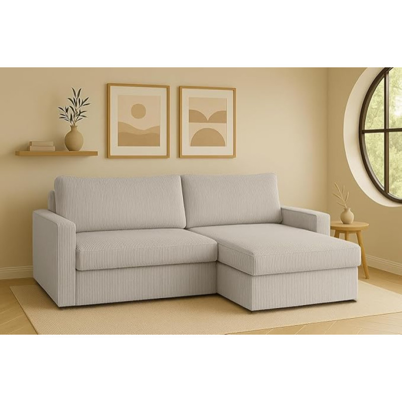 Kaiser Möbel - Nurgadiivan magamisfunktsiooniga ja voodikastiga - Nurgadiivan 224 x 140 x 85 cm - L-kujuline diivan, elamismaastik - mugav diivan koos Osmaniga - Lubeka - kangas Poso - beež - paremal