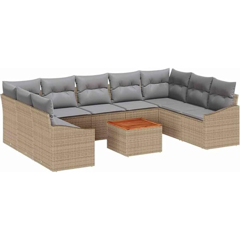 10-teiliges Garten-Sofa-Set mit Kissen Beige Poly-Rattan Akazie Gartenlounge Model3347875