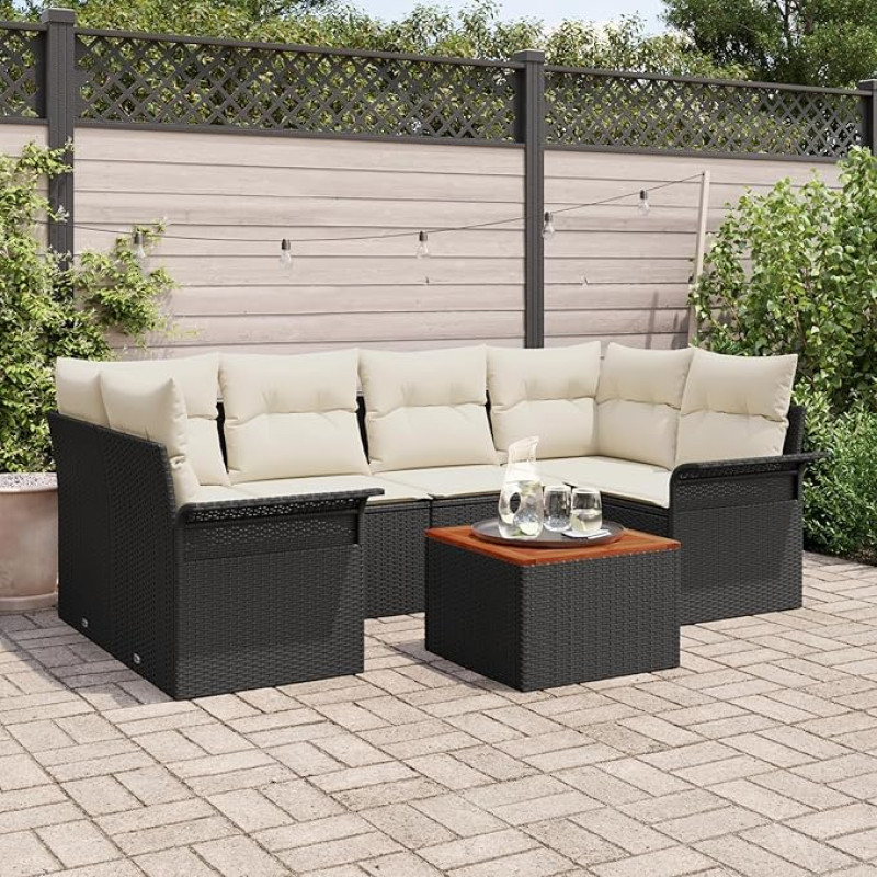 7-teiliges Garten-Sofa-Set mit Kissen Schwarz Poly-Rattan Akazie Gartenlounge Model3347278