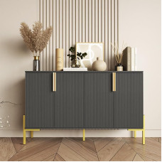 Sideboard 4 uksega, reguleeritavate riiulitega buffetkapp, kaasaegne akendekapp kuldsete jalgadega, lai hoiukapp kööki, elutuppa, magamistuppa, musta värvi
