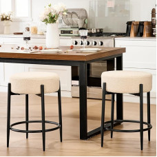 Söögitoolid 2 seljatoeta köögi elutuba Mid Century Modern toolid ümmargune pehme beež buklee polsterdatud tahke metallist jalad