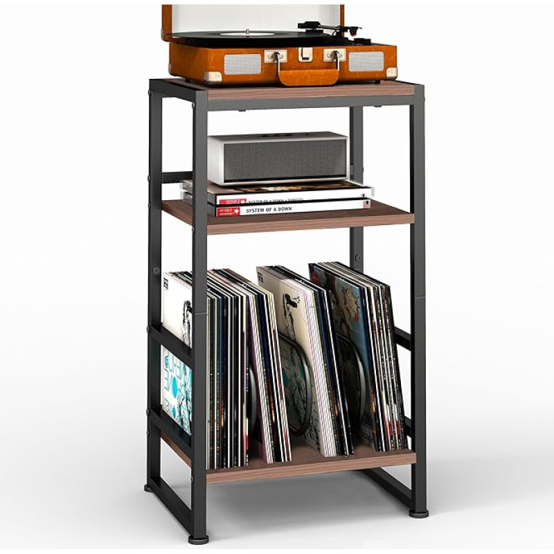 Plaadimängija stend, 3-tasandiline küljelaud, plaadimängija laud, plaatide hoidmine, kuni 120 albumit, laud elutuppa, magamistuppa, Vintage Brown (Cherry)
