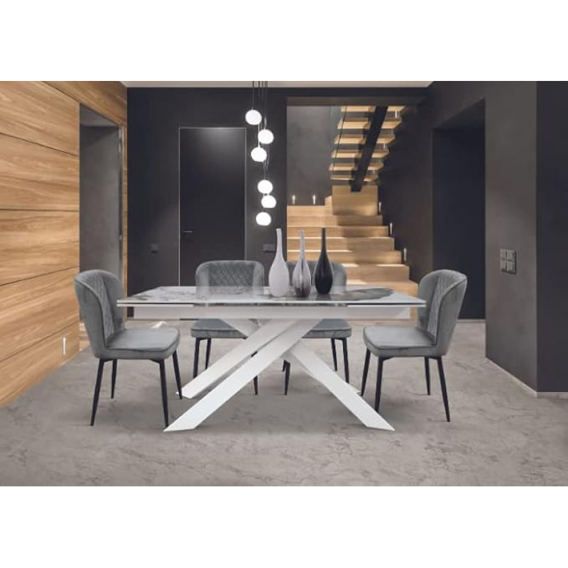 Mar.c.a. Design - Valge metallist pikendatav söögilaud klaasist keraamilise lauaplaadiga Marmor viimistlusega söögilaud Modernne mööbel Köögilaud 160 x 90 x 76 cm