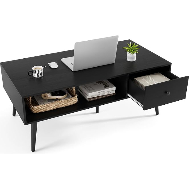 LIFEZEAL Ristkülikukujuline kohvilaud, puidust elutoa laud, diivanilaud, teelaud hoiuruumiga, tööstuslik disain, 109 x 55 x 39,5 cm (must)