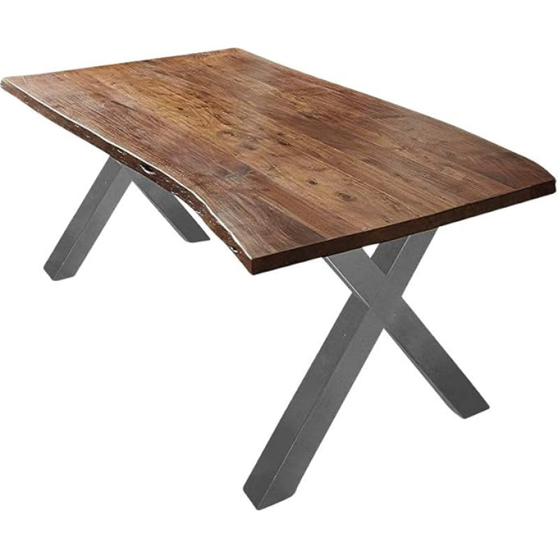 SAM Xaver söögilaud 180 x 90 cm Pähklipuu värvi akaatsiapuidust täismassist X-raamiga hõbedane söögilaud