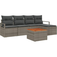 6-teiliges Garten Sofa Set mit Kissen Grau Poly Rattan Akazie, 2-Sitzer Garten Sofa mit Stauraum und Kissen Grau Poly Rattan Gartenlounge Model3356361