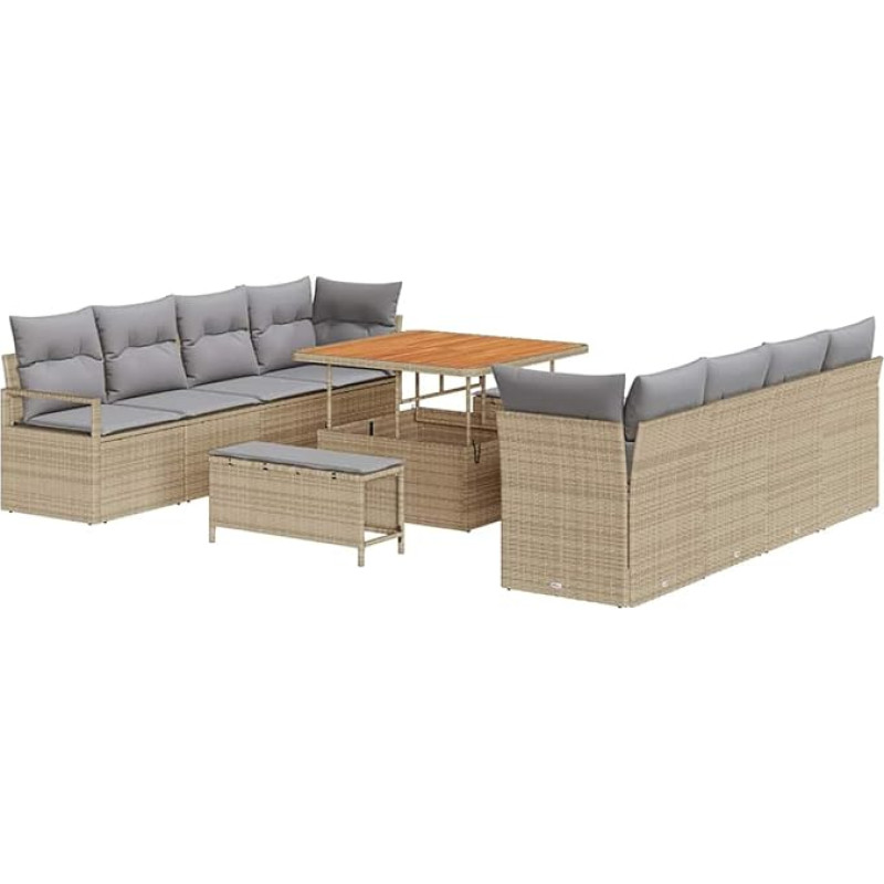 Rantry 11-teiliges Garten-Sofa-Set mit Kissen Beige Poly-Rattan Akazie Gartenlounge Model3362507