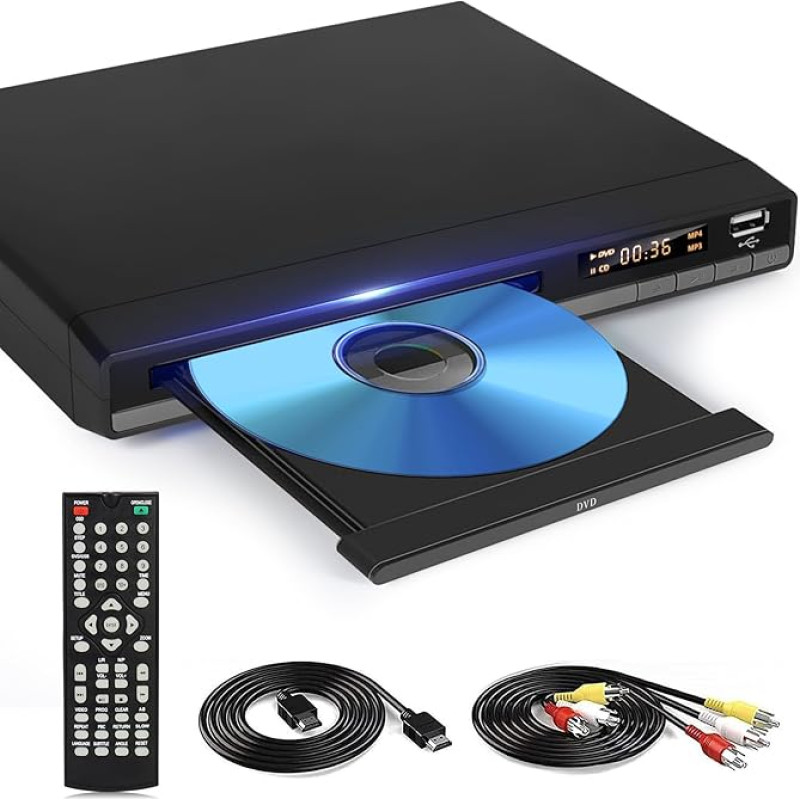 HD DVD mängija HDMI pesaga, regioonivaba Smart TV jaoks, HDMI/RCA väljundkaabel kaasas, katkestuspunkti salvestus, sisseehitatud PAL/NTSC, CD mängija koju (mitte Blu-ray) (must)