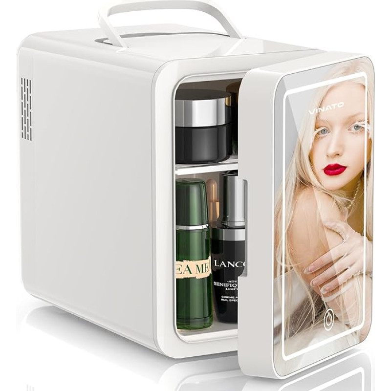 VINATO Mini Cosmetic Refrigerator, 6L Mini Fridge with LED Mirror, 220V AC/12V DC Small Skincare Fridge with Cooling/Heating Function, for Cars, Office, Bedroom, Dormitories