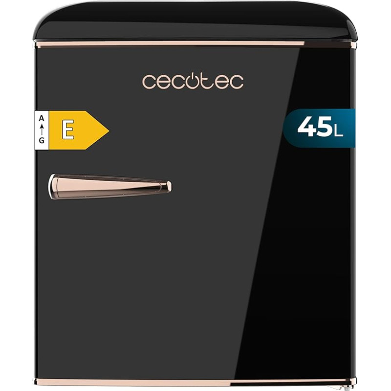 Cecotec Bolero CoolMarket TT Origin 45 Black E Small Refrigerator Retro Table Top Fridge 45 L 55 cm High and 44.7 cm Wide Energy Efficiency Class E Icebox and Chrome-Plated Handle Black
