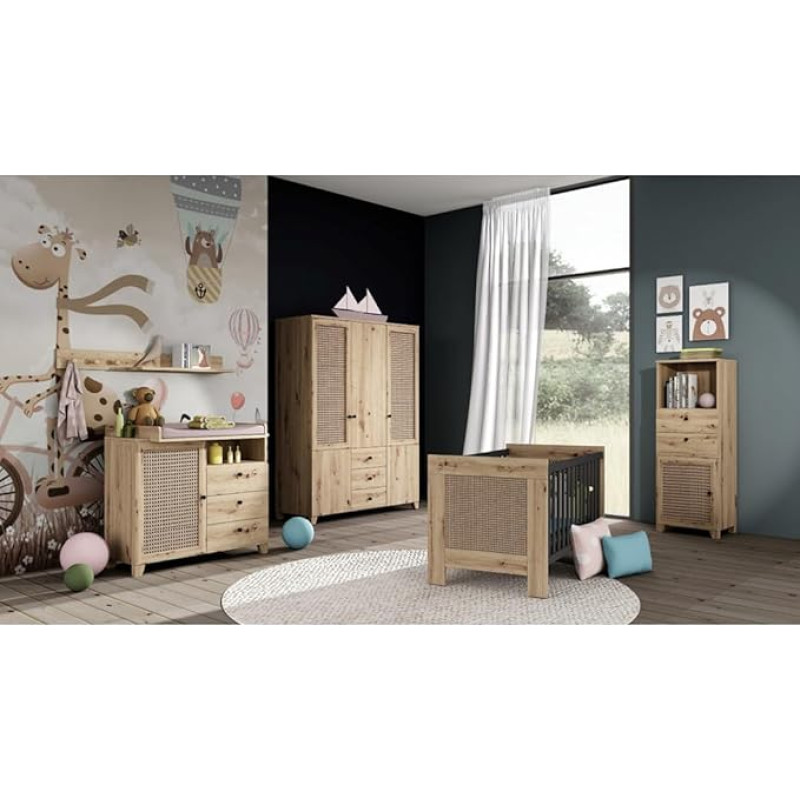 Mäusbacher Colin Baby Room 8-Piece in Branded Oak Viennese Wicker with Mattress