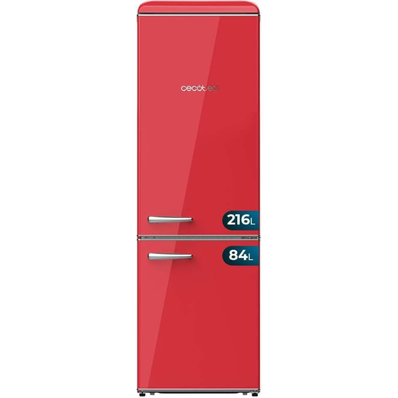Cecotec Retro Fridge Freezer with 300L Bolero CoolMarket Combi Origin 300 Red E, Class E, Interior LED Lighting, Crisper Box, Temperature Control, Chrome Handle and Glass Shelves