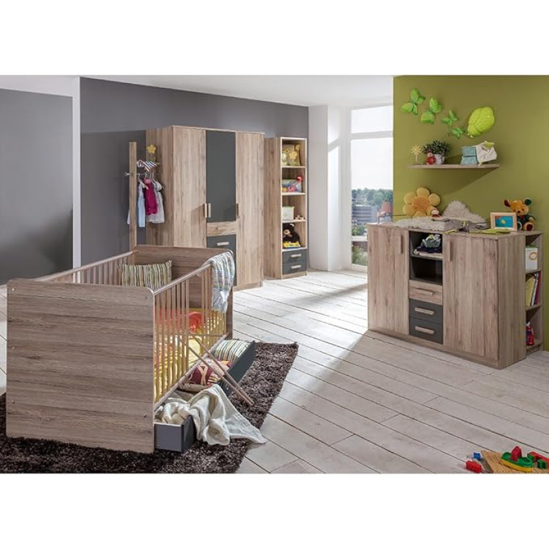 Lomadox Children's Room Set 10 Pieces in Oak with Graphite, Includes Cot, Bed Sides, Bed Drawer, Wardrobe, Wardrobe Rail, Standing Shelf, Changing Unit, Under Cabinet Shelves, Wall Shelf