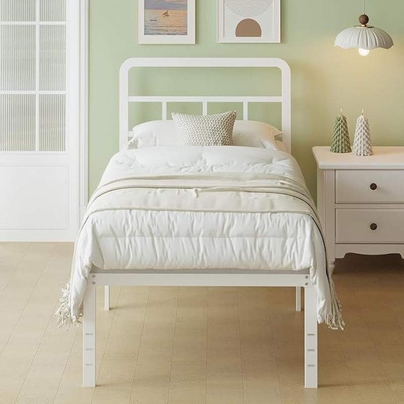 Lutown-Teen üheinimesevoodi kumera peaplaadiga, voodiraam 90 x 200 cm koos panipaigaga, vastupidav metallist voodi 46 cm kõrgune, lihtne kokkupanek, müratu, valge