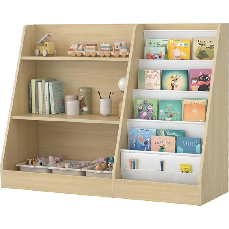 Laste riiul 4 riiuliga ja 3 lahtise sektsiooniga, raamaturiiul lastele, lasteaia riiul, raamaturiiul lastele, mänguasjade korraldaja mängutuppa, 80 x 30 x 67,5 cm (Tamm)