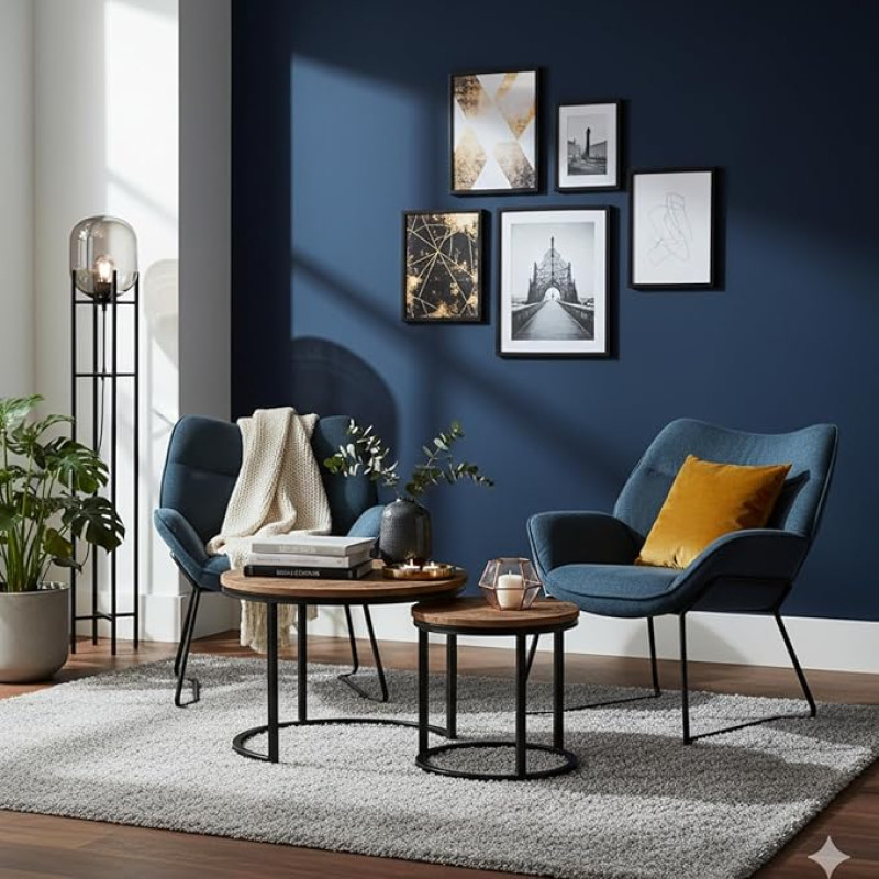 MR. DEKO elutoa tugitoolid | 2 tooli Aliano Blue | Kõrvallaud Fermo 2 komplekt | Lõõgastavad toolid | Kokteilitool koos hoiulaudadega | Mugavad lugemistoolid | XXL tugitool | Elutuba